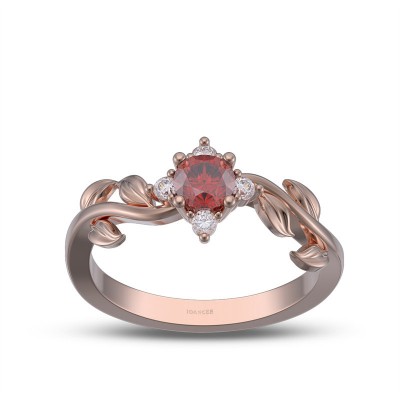 Rose Gold Round Cut Ruby 925 Sterling Silver Leaf Engagement Ring