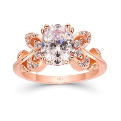 Rose Gold Oval Cut White Sapphire 925 Sterling Silver Butterfly Ring