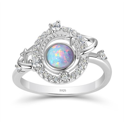 Round Cut Opal 925 Sterling Silver Planet and Stars Ring