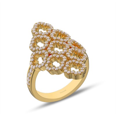 Yellow Gold Art Deco White Sapphire 925 Sterling Silver Hollow Clover Ring