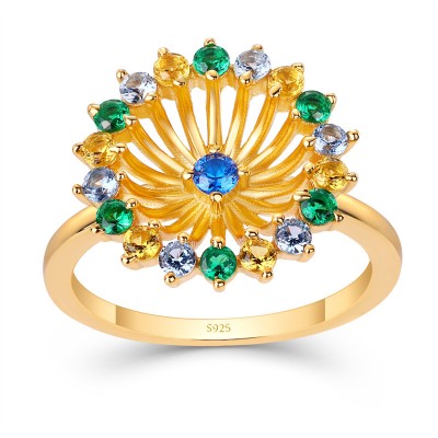 Yellow Gold Blue Sapphire 925 Sterling Silver Fireworks Design Women's Ring