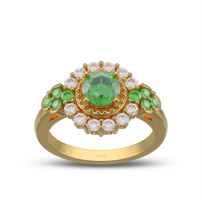 Yellow Gold Vintage Round Cut Emerald 925 Sterling Silver Halo Engagement Ring