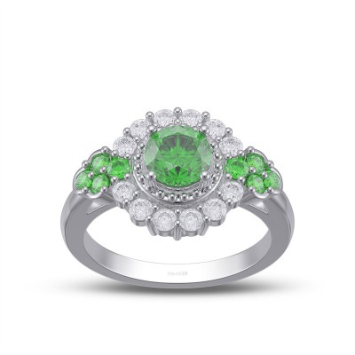 Vintage Round Cut Emerald 925 Sterling Silver Halo Engagement Ring