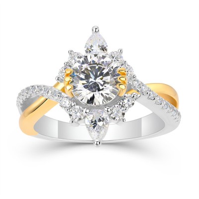 Round Cut White Sapphire 925 Sterling Silver Two Tone Twisted Engagement Ring