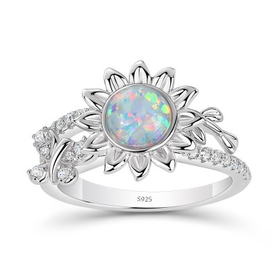 Round Cut Opal 925 Sterling Silver Butterfly Sunflower Ring