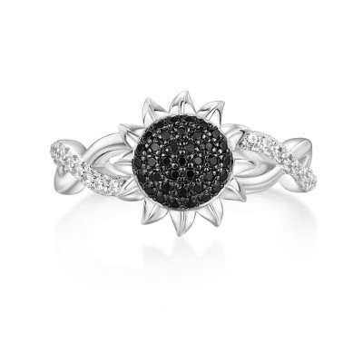 Round Cut Black Sapphire 925 Sterling Silver Cluster Sunflower Ring