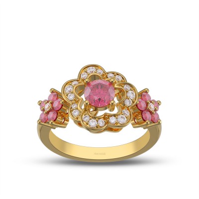 Yellow Gold Round Cut Ruby 925 Sterling Silver Flower Ring
