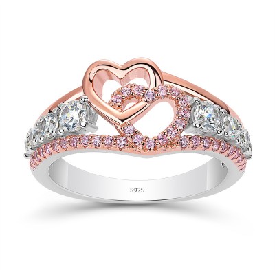 Rose Gold Pink Sapphire 925 Sterling Silver Intertwining Heart Ring