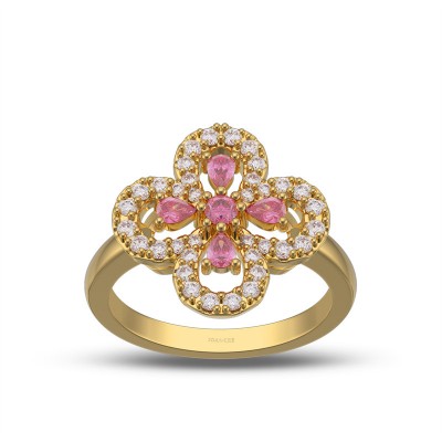 Yellow Gold Round Cut Ruby 925 Sterling Silver Clover Ring