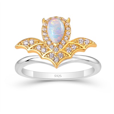 Pear Cut Opal 925 Sterling Silver Two Tone Curved Bat Ring