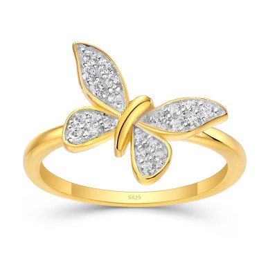 Yellow Gold Round Cut White Sapphire 925 Sterling Silver Butterfly Ring