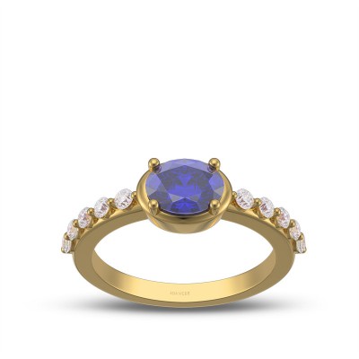 Yellow Gold Oval Cut Blue Sapphire 925 Sterling Silver Engagement Ring