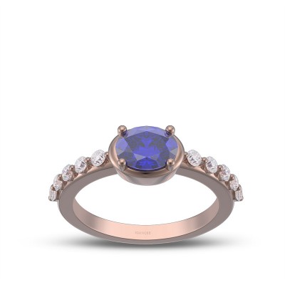 Rose Gold Oval Cut Blue Sapphire 925 Sterling Silver Engagement Ring