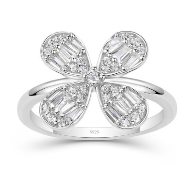 Round Cut White Sapphire 925 Sterling Silver Clover Ring
