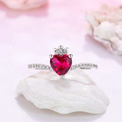 Heart Cut Ruby 925 Sterling Silver Crown Promise Ring