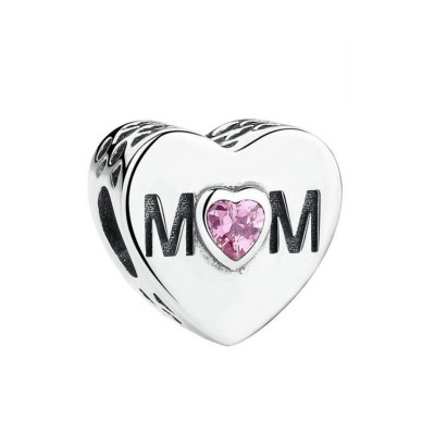 Mom with Pink Stone Charm Sterling Silver