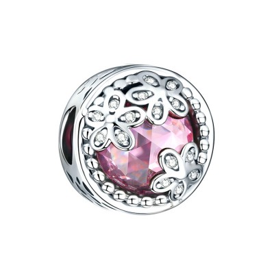 Flowers with Pink Stone Charm Sterling Silver