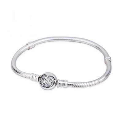 Heart Crystal Round Shape Clasp Bracelet Sterling Silver