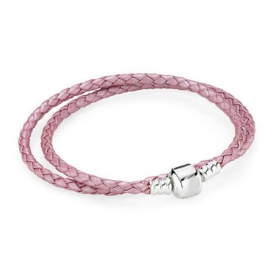 Double Circle Pink Woven Leather Charm Bracelet