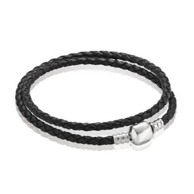 Double Circle Black Woven Leather Charm Bracelet