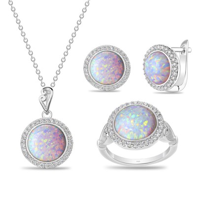 Opal "Full Moon"  Halo Sterling Silver Jewelry Sets