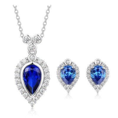 Pear Cut Blue Sapphire 925 Sterling Silver Halo Jewelry Sets