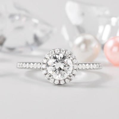 1.0 ct Round Cut Moissanite Sterling Silver Halo Engagement Ring