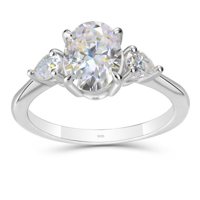 Oval Cut Moissanite Solitaire Sterling Silver 3-Stone Engagement Ring