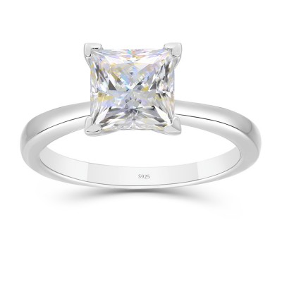 Classic Princess Cut Moissanite Solitaire Sterling Silver Engagement Ring