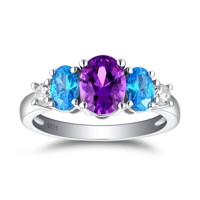 Oval Cut Amethyst Sterling Silver Three-Stone Engagement Ring