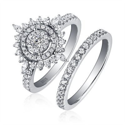 Round Cut White Sapphire Sterling Silver Double Halo Sun Wedding Ring Sets