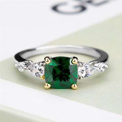 Cushion Cut Emerald 925 Sterling Silver 3-Stone Engagement Ring