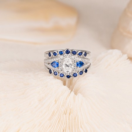 Oval Cut White Sapphire and Blue Sapphire Sterling Silver Insert 3-Stones Halo Bridal Ring Sets