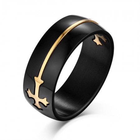 Gold Cross Design Black Titanium Steel Men's Ring