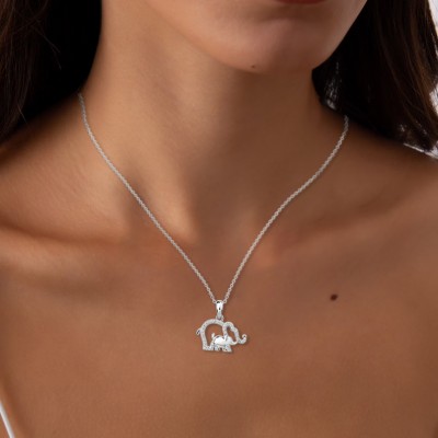 Dainty White Sapphire 925 Sterling Silver Mom with Baby Elephant Necklace