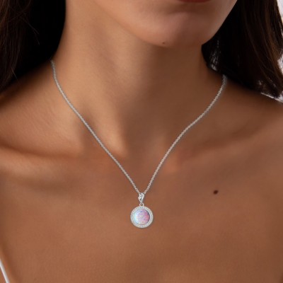 Vintage Round Opal Sterling Silver Halo Pendant Necklace 