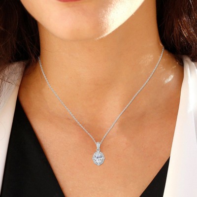 Oval Cut White Sapphire Sterling Silver Halo Pendant Necklace