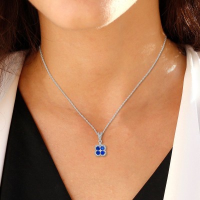 Round Cut Blue Sapphire Sterling Silver Clover Necklace