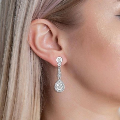 Pear Cut White Sapphire 925 Sterling Silver Halo Drop Earrings