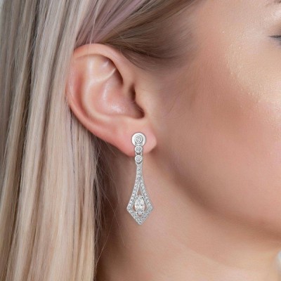 Oval Cut White Sapphire 925 Sterling Silver Halo Drop Earrings