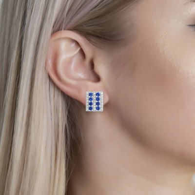 Round Cut White and Blue Sapphire Sterling Silver Stud Earrings