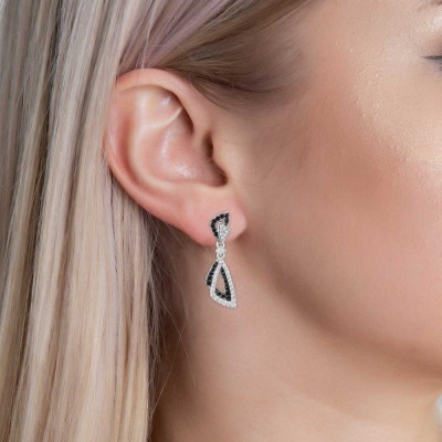 Round Cut White and Black Sapphire Sterling Silver Drop Earrings