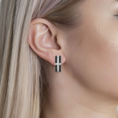 Round Cut White and Black Sapphire Sterling Silver Cross Stud Earrings