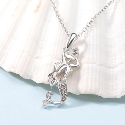 Women's Sterling Silver Mermaid Necklace with White Sapphire Studded