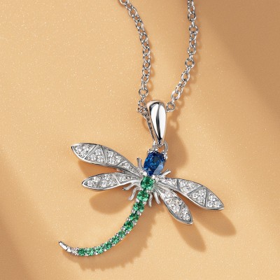 Dainty Blue Sapphire & Emerald 925 Sterling Silver Dragonfly Necklace
