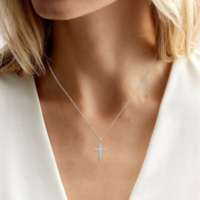 Princess Cut White Sapphire 925 Sterling Silver Cross Necklace