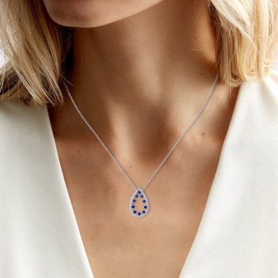 Round Cut Blue Sapphire Sterling Silver Teardrop Necklace