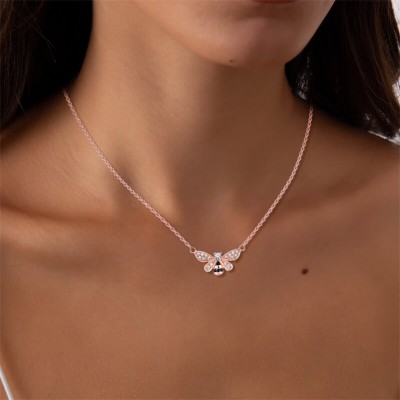 Rose Gold Round Cut White and Black Sapphire 925 Sterling Silver Bee Necklace