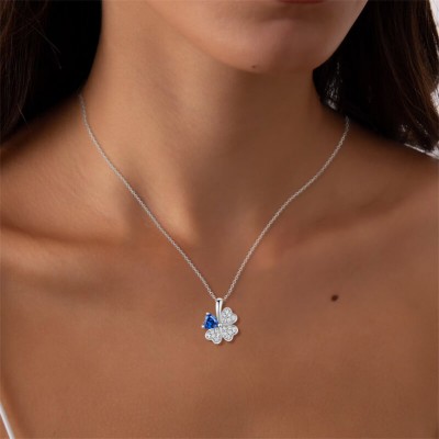 Heart Cut Blue Sapphire 925 Sterling Silver Clover Necklace