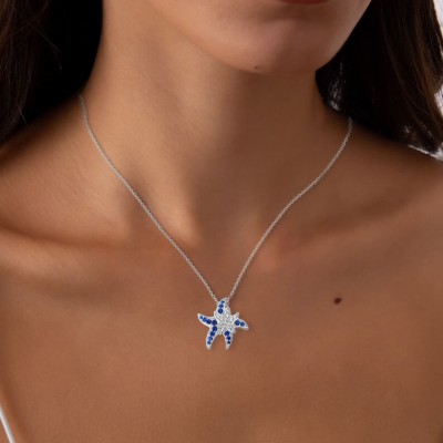 Lovely Round Cut Blue and White Sapphire 925 Sterling Silver Starfish Necklace 